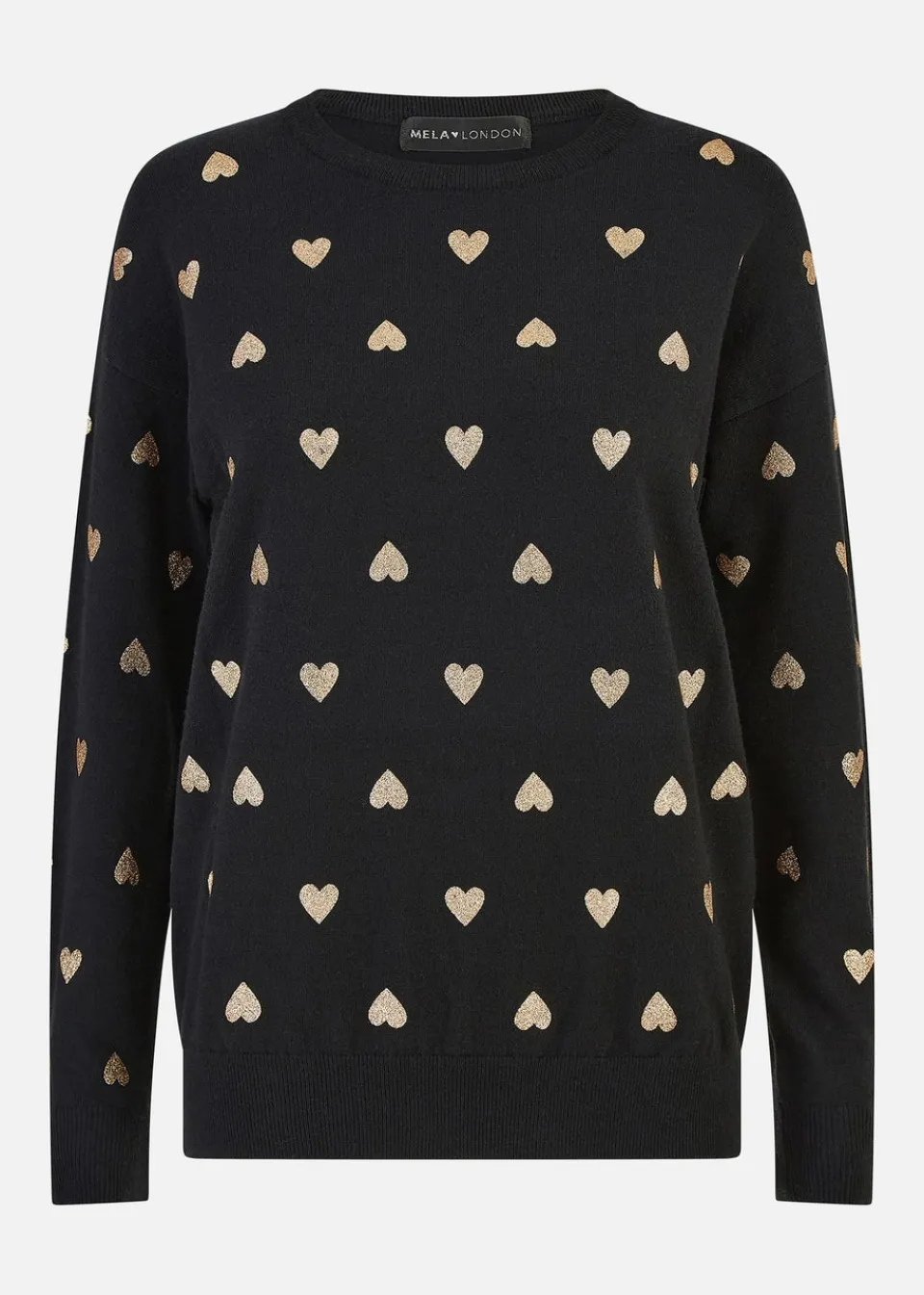 Tops>Yumi Black Gold Foil Heart Print Relaxed Fit Jumper