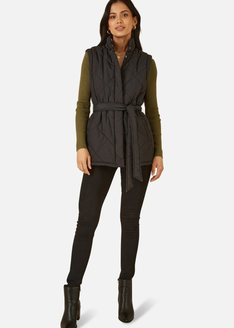 Coats & Jackets>Yumi Black High Neck Quilted Gilet With Belt