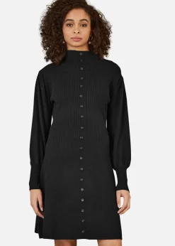 Knitwear>Yumi Black Knitted Button Up Midi Dress With Balloon Sleeves