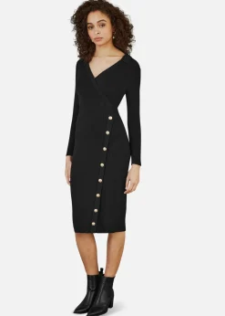 Knitwear>Yumi Knitted Midi Dress With Asymmetric Button Details Black