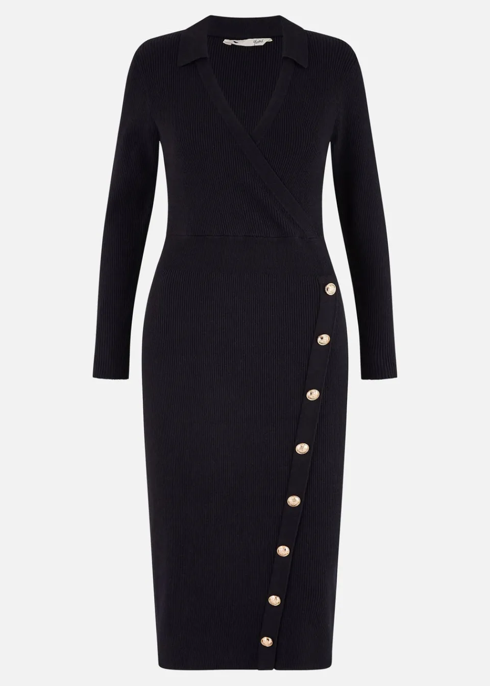 Knitwear>Yumi Knitted Midi Dress With Asymmetric Button Details Black