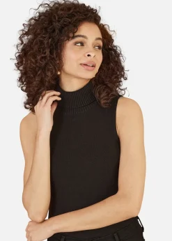 Tops>Yumi Black Knitted Roll Neck Sleeveless Jumper