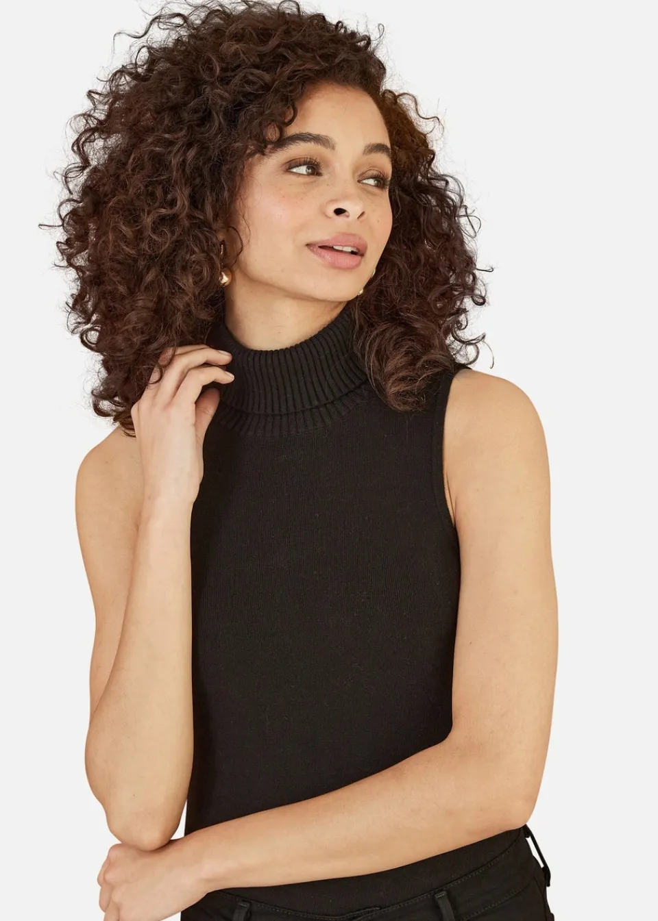Tops>Yumi Black Knitted Roll Neck Sleeveless Jumper