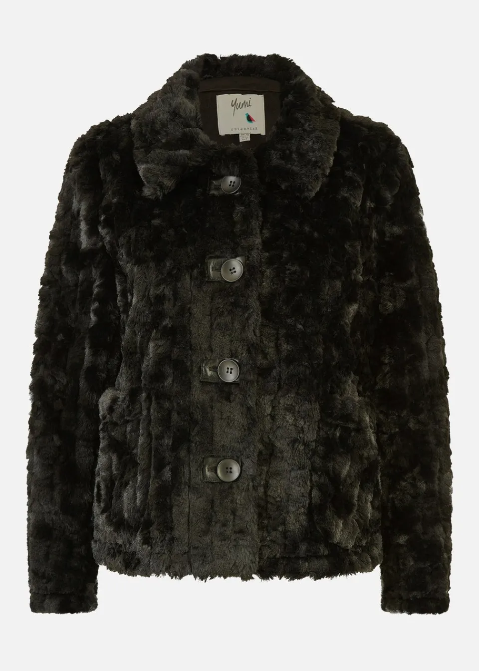Coats & Jackets>Yumi Black Luxe Textured Faux Fur Jacket With Pockets