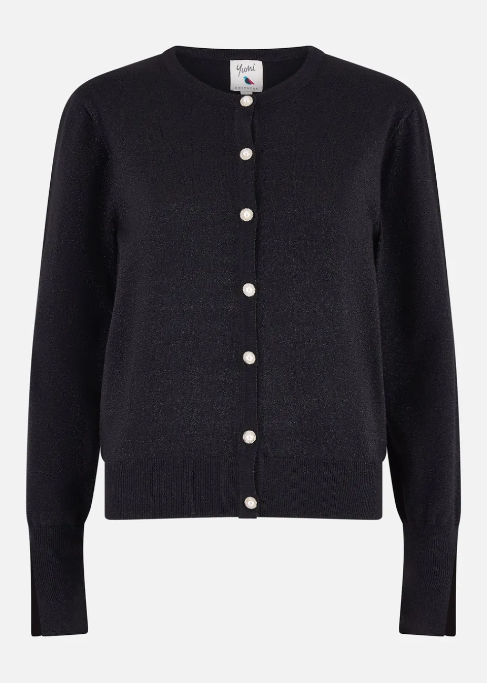 Knitwear>Yumi Black Metallic Knit Cardigan With Pearl Button Details