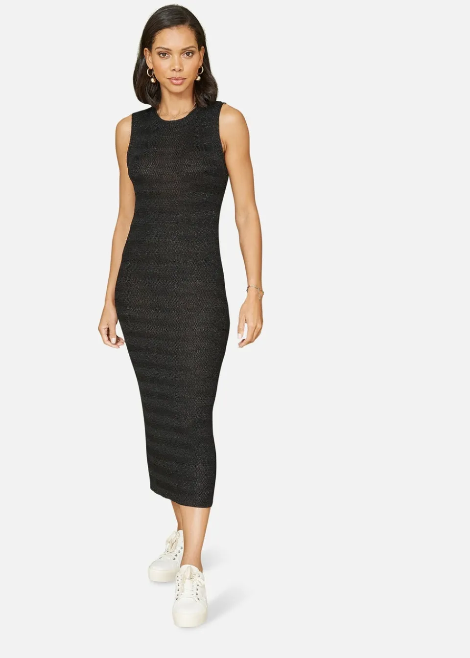 Knitwear>Yumi Black Metallic Knitted Sleeveless Midi Dress