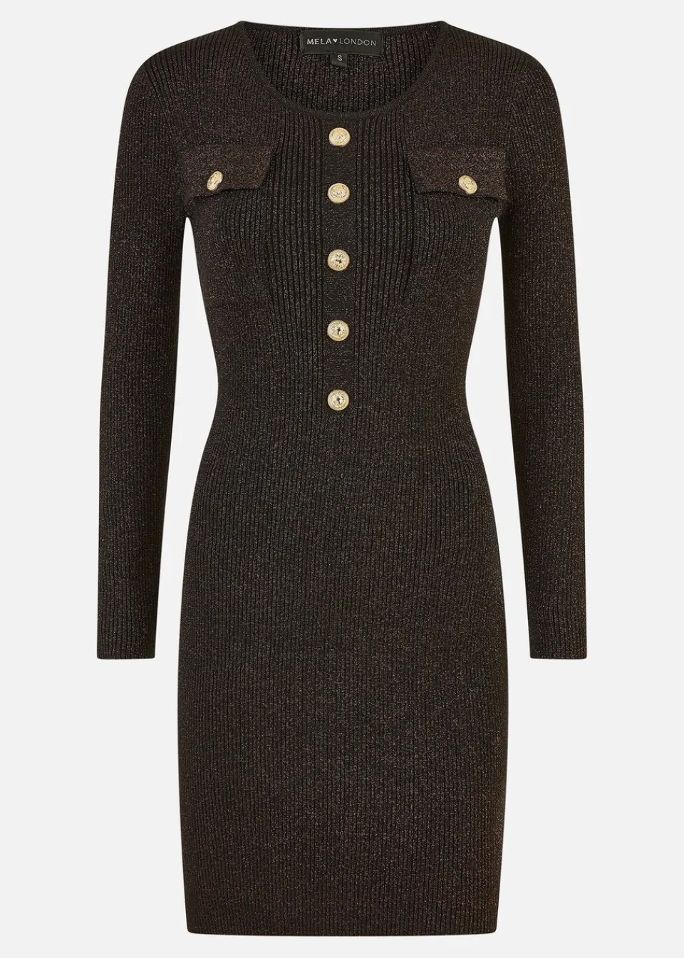 Knitwear>Yumi Black Metallic Military Fitted Knitted Dress