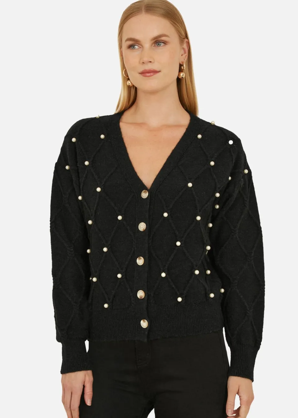Tops>Yumi Black Pearl Cable Knit Cardigan