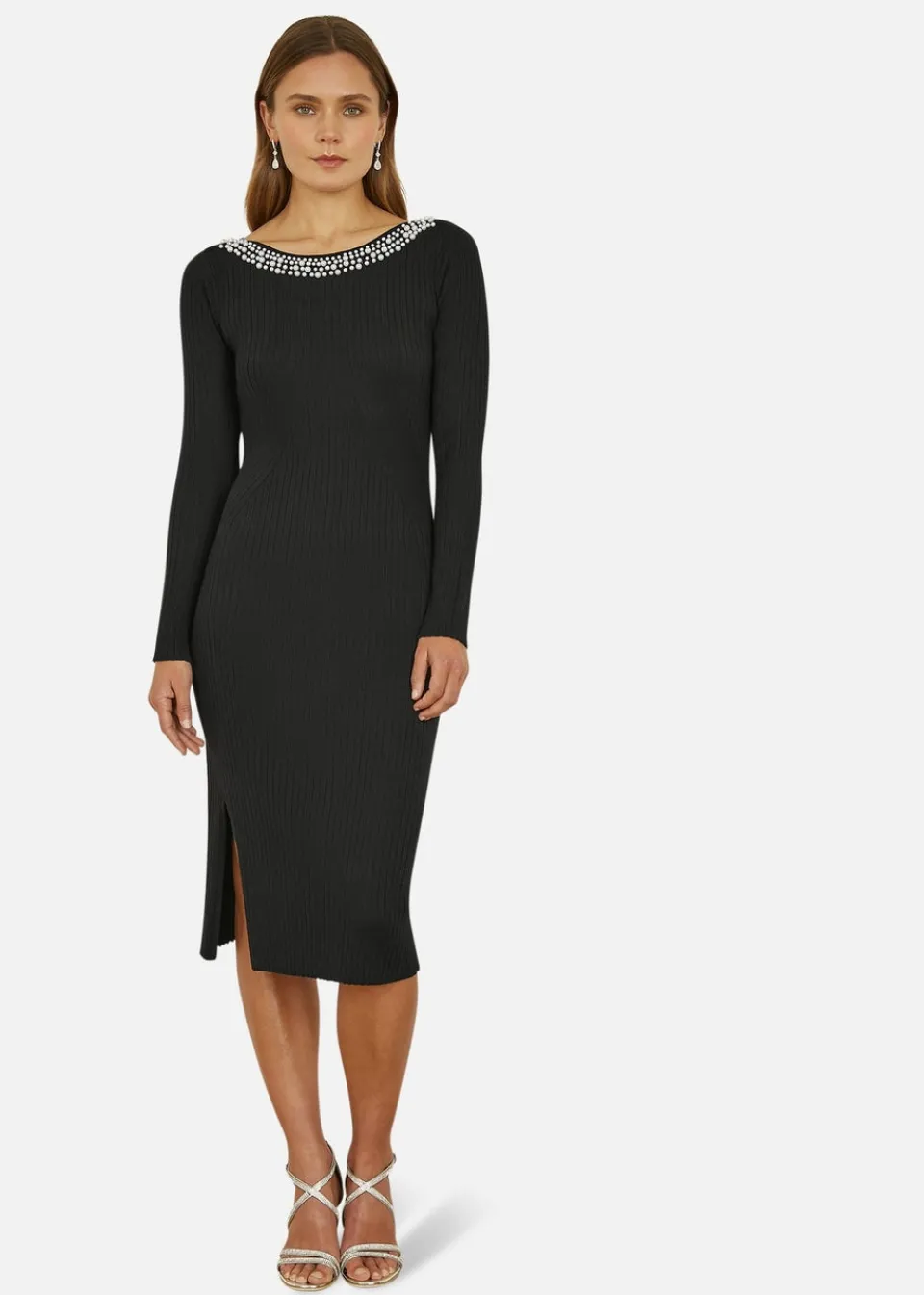 Knitwear>Yumi Black Pearl Neckline Fitted Midi Knitted Dress