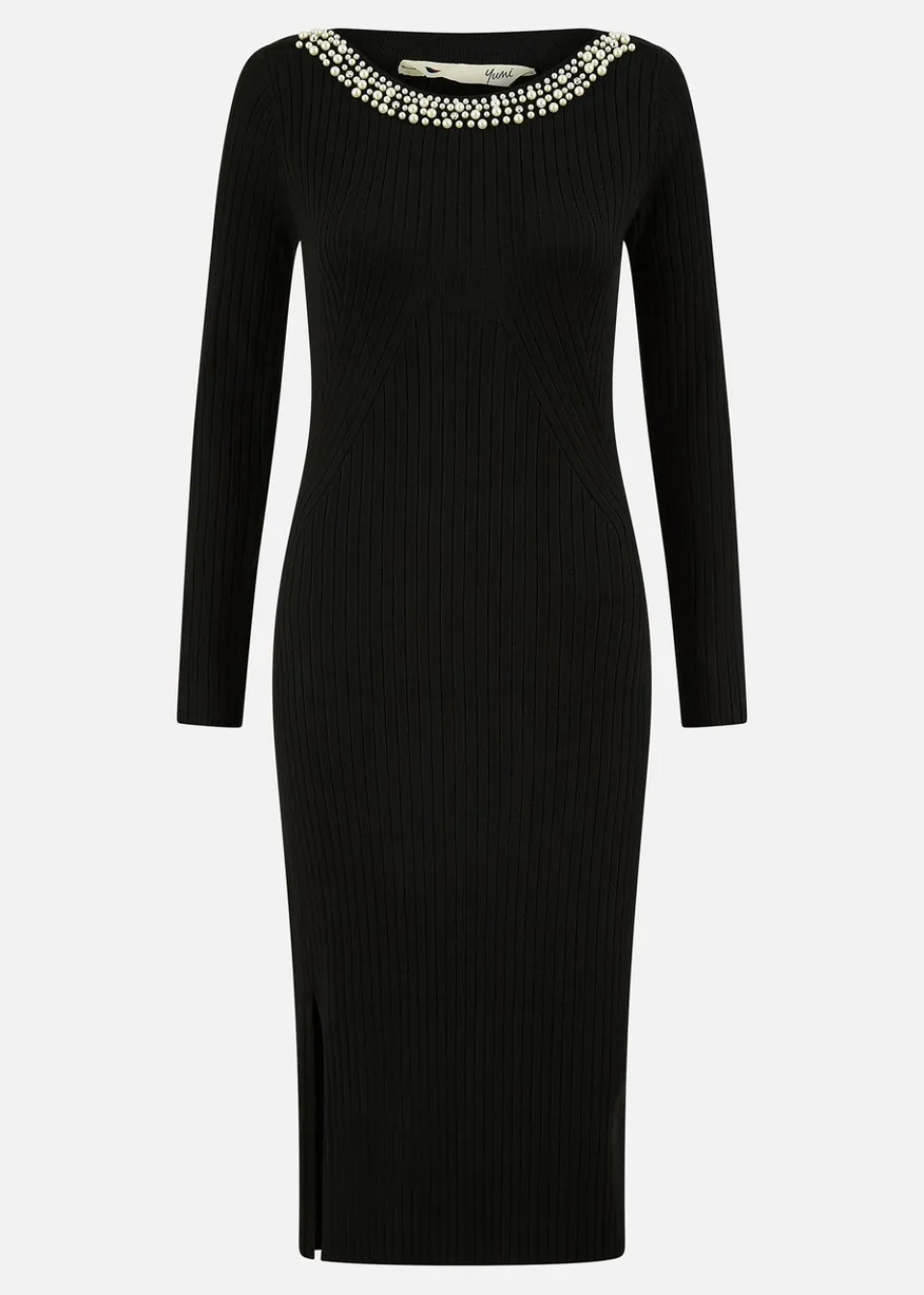 Knitwear>Yumi Black Pearl Neckline Fitted Midi Knitted Dress