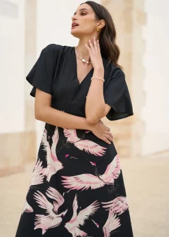 Dresses>Yumi Black Recycled Fabric Crane Print Kimono Midi Dress