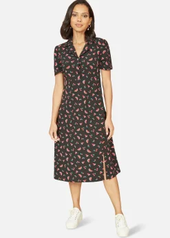 Dresses>Yumi Black Recycled Watermelon Print Shirt Dress With Side Split