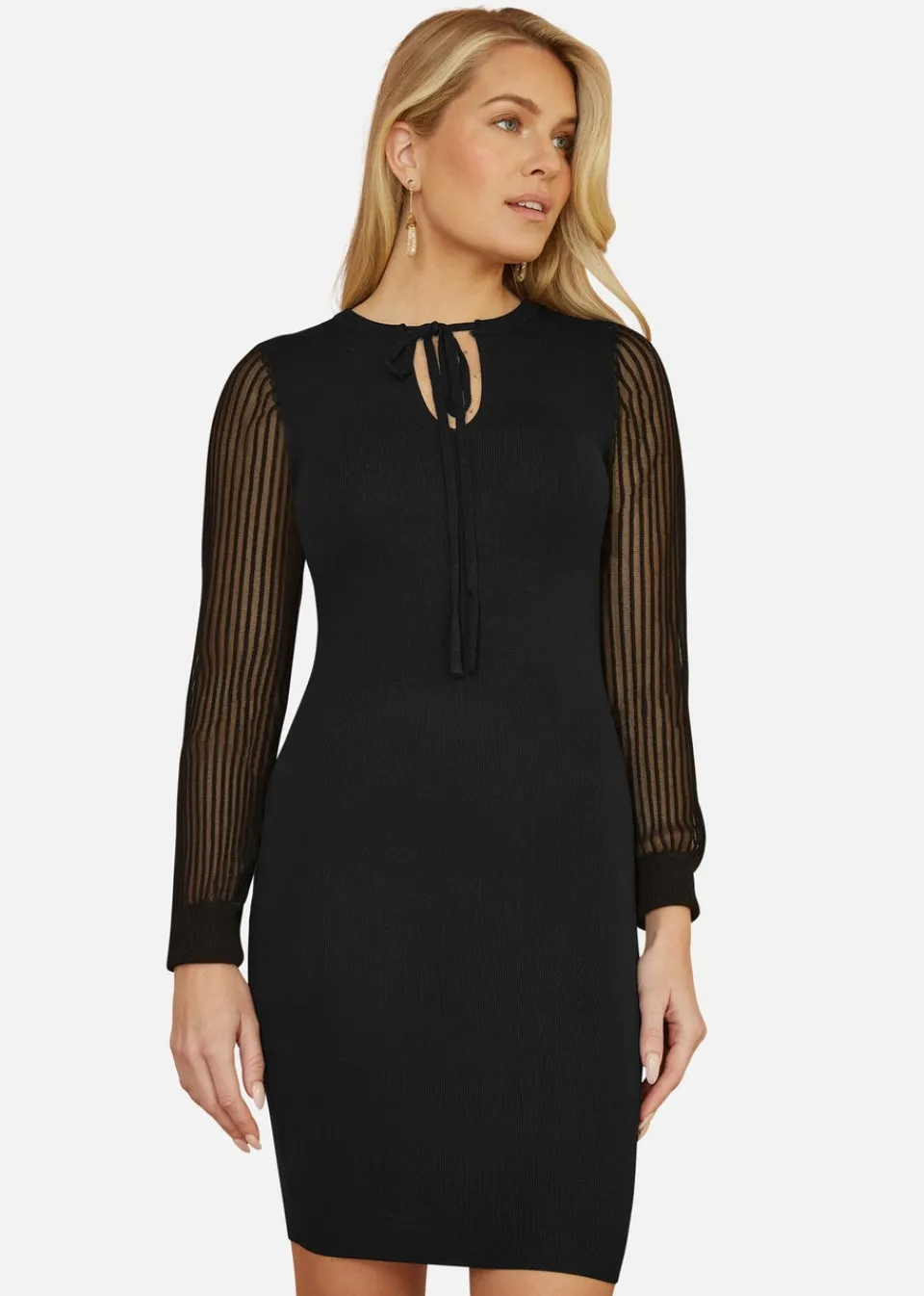 Knitwear>Yumi Black Rib Knit Fitted Dress With Sheer Sleeve Design