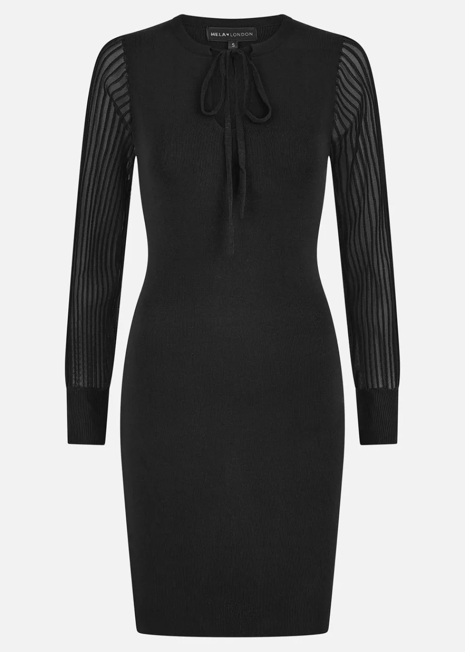 Knitwear>Yumi Black Rib Knit Fitted Dress With Sheer Sleeve Design