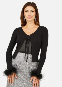 Tops>Yumi Black Ribbed Bolero With Feather Cuffs
