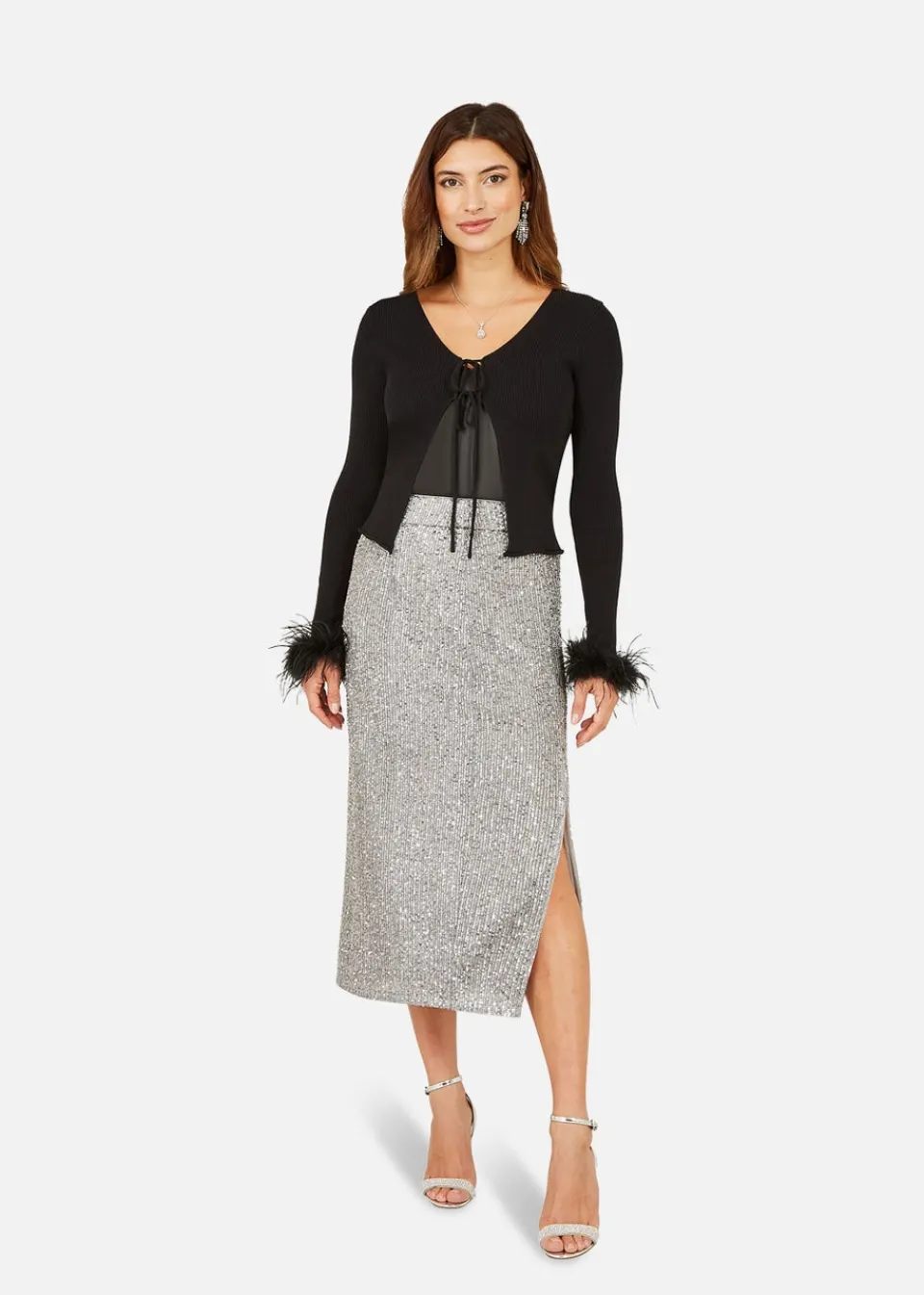 Tops>Yumi Black Ribbed Bolero With Feather Cuffs