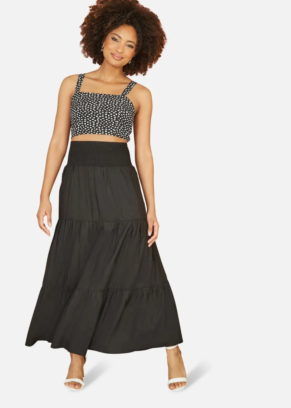Skirts>Yumi Black Ruched Waist Tiered Midi Skirt