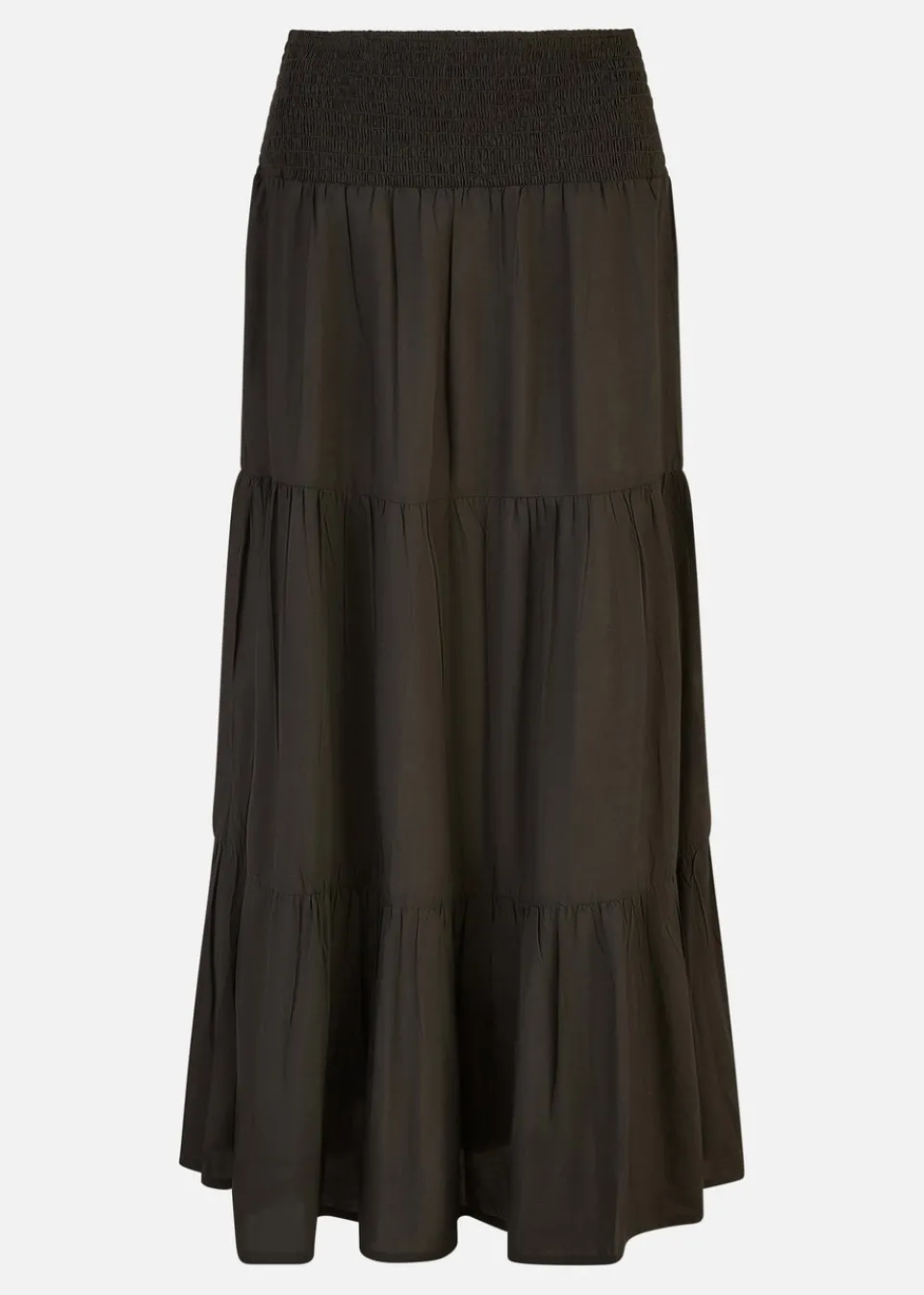 Skirts>Yumi Black Ruched Waist Tiered Midi Skirt