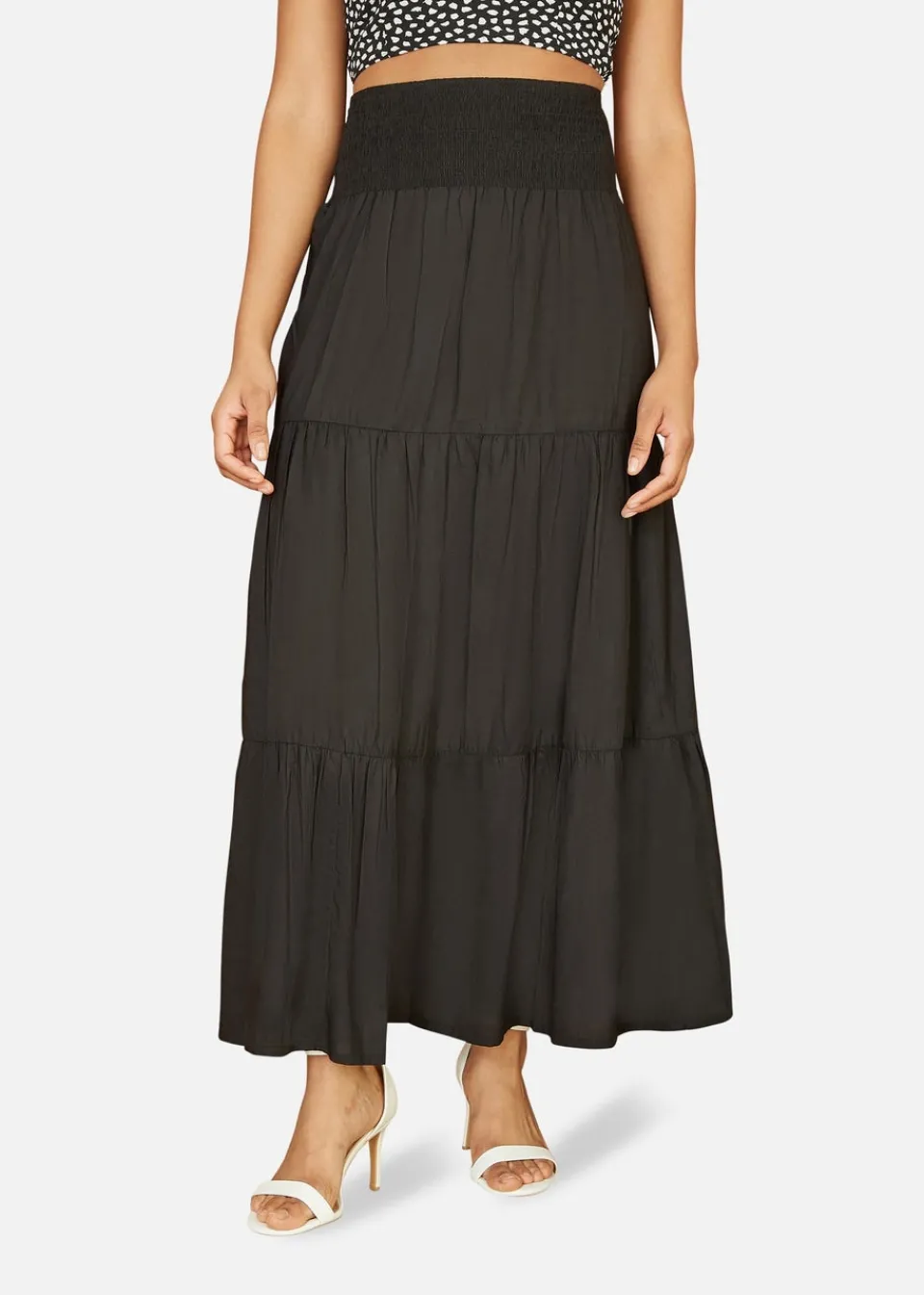 Skirts>Yumi Black Ruched Waist Tiered Midi Skirt