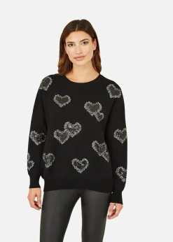 Tops>Yumi Black Sequin Heart Relaxed Jumper