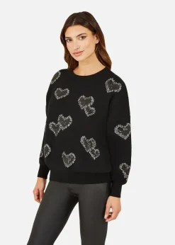 Tops>Yumi Black Sequin Heart Relaxed Jumper