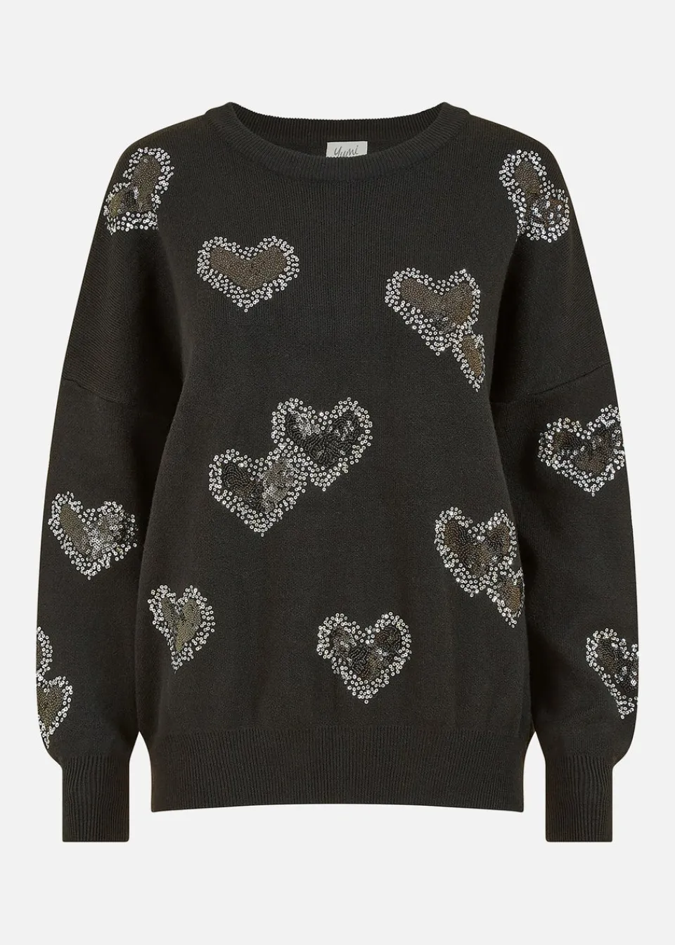 Tops>Yumi Black Sequin Heart Relaxed Jumper