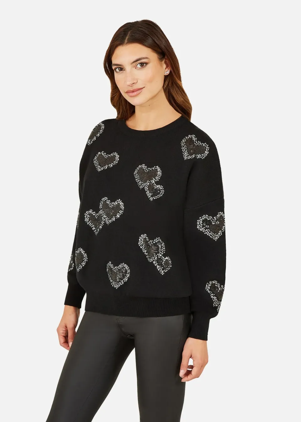 Tops>Yumi Black Sequin Heart Relaxed Jumper
