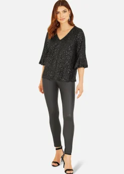 Tops>Yumi Black Sequin Top With Fluted Sleeve