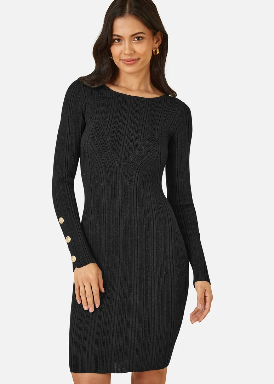 Knitwear>Yumi Black Shimmer Fitted Midi Dress With Button