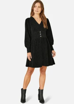 Dresses>Yumi Black V Neck Empire Line Knitted Skater Dress