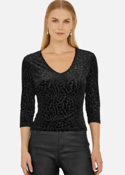 Tops>Yumi Black Velvet Leopard V Neck Top