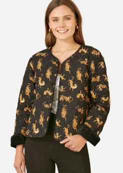Coats & Jackets>Yumi Black Velvet Quilted Jacket With Reversible Leopard Lining
