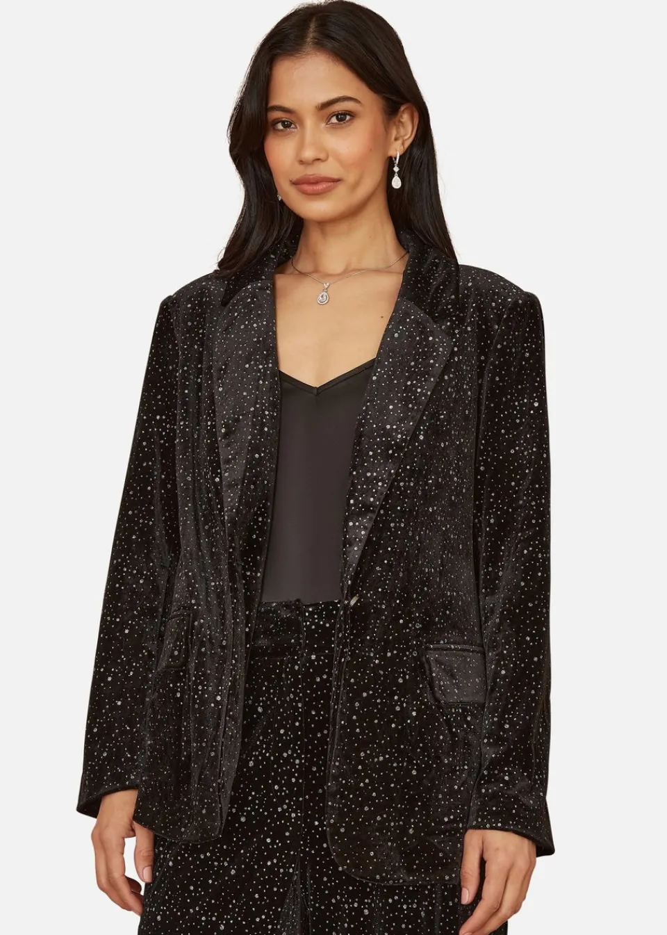 Coats & Jackets>Yumi Black Velvet Sparkle Oversize Blazer
