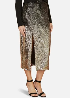 Skirts>Yumi Black/Gold Sequin Split Fitted Midi Skirt