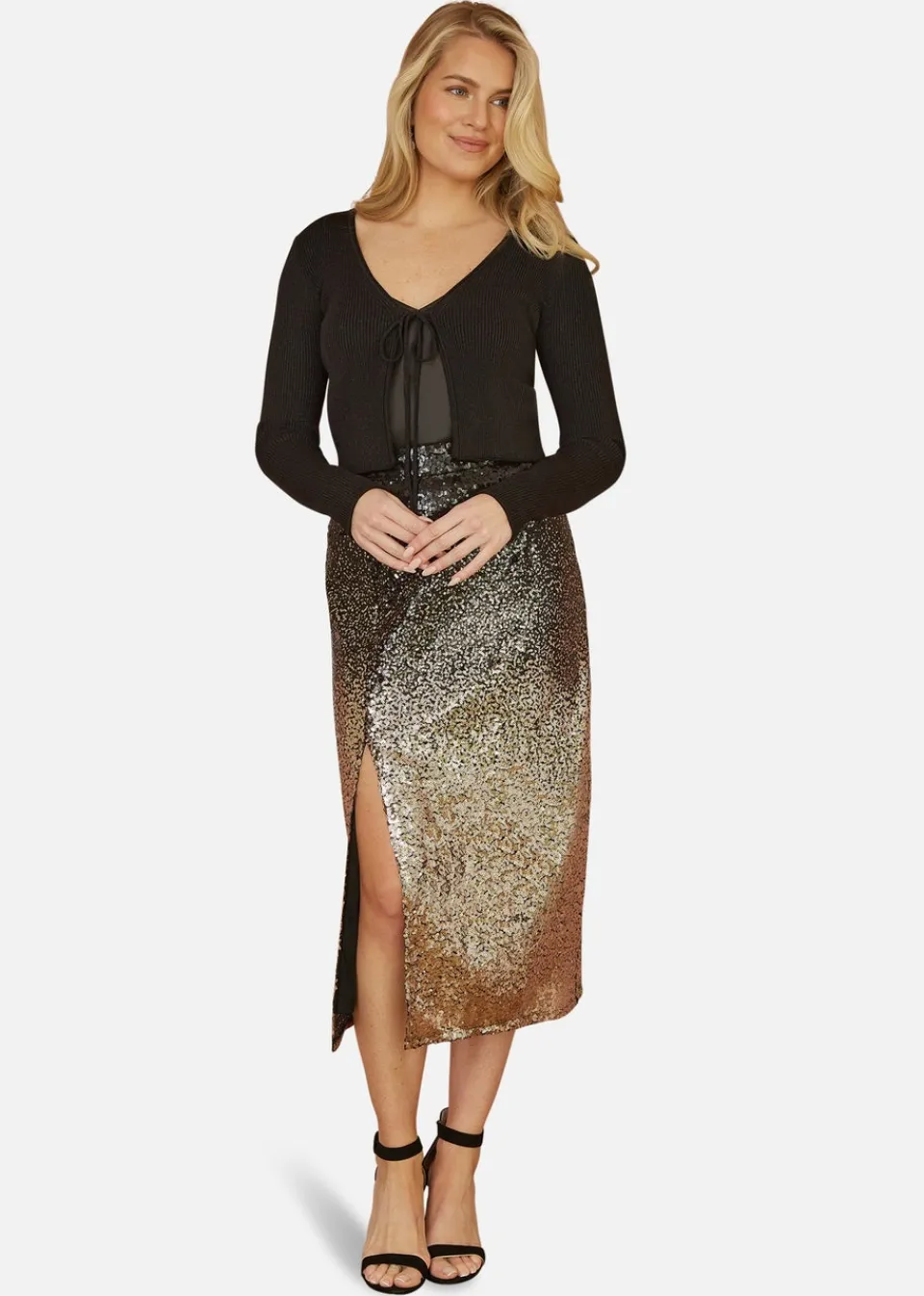 Skirts>Yumi Black/Gold Sequin Split Fitted Midi Skirt