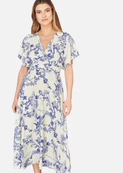 Dresses>Yumi Blue And White Print Ruched Waist Kimono Midi Dress