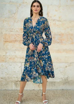 Dresses>Yumi Blue Butterly Floral Tie Knot Front Long Sleeve Midi Dress