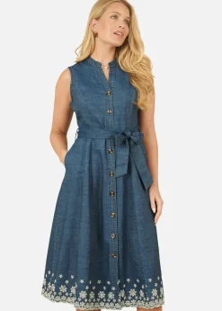 Dresses>Yumi Blue Chambray Cotton Midi Embroidered Shirt Dress