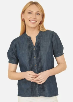 Tops>Yumi Blue Chambray Pleated Denim Shirt