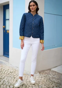 Coats & Jackets>Yumi Blue Chambray Quilted Jacket With Reversible Floral Lining