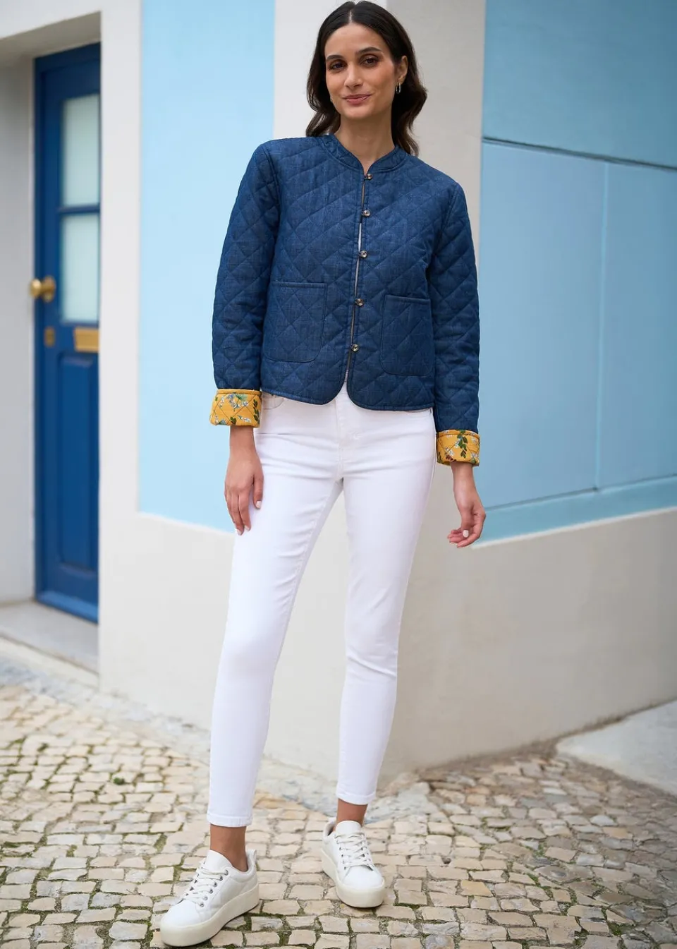Coats & Jackets>Yumi Blue Chambray Quilted Jacket With Reversible Floral Lining