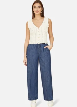 Trousers>Yumi Blue Chambray Relaxed Fit Wide Leg Trousers