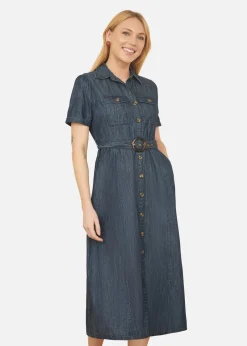Dresses>Yumi Blue Chambray Utility Midi Denim Shirt Dress