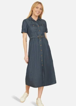 Dresses>Yumi Blue Chambray Utility Midi Denim Shirt Dress