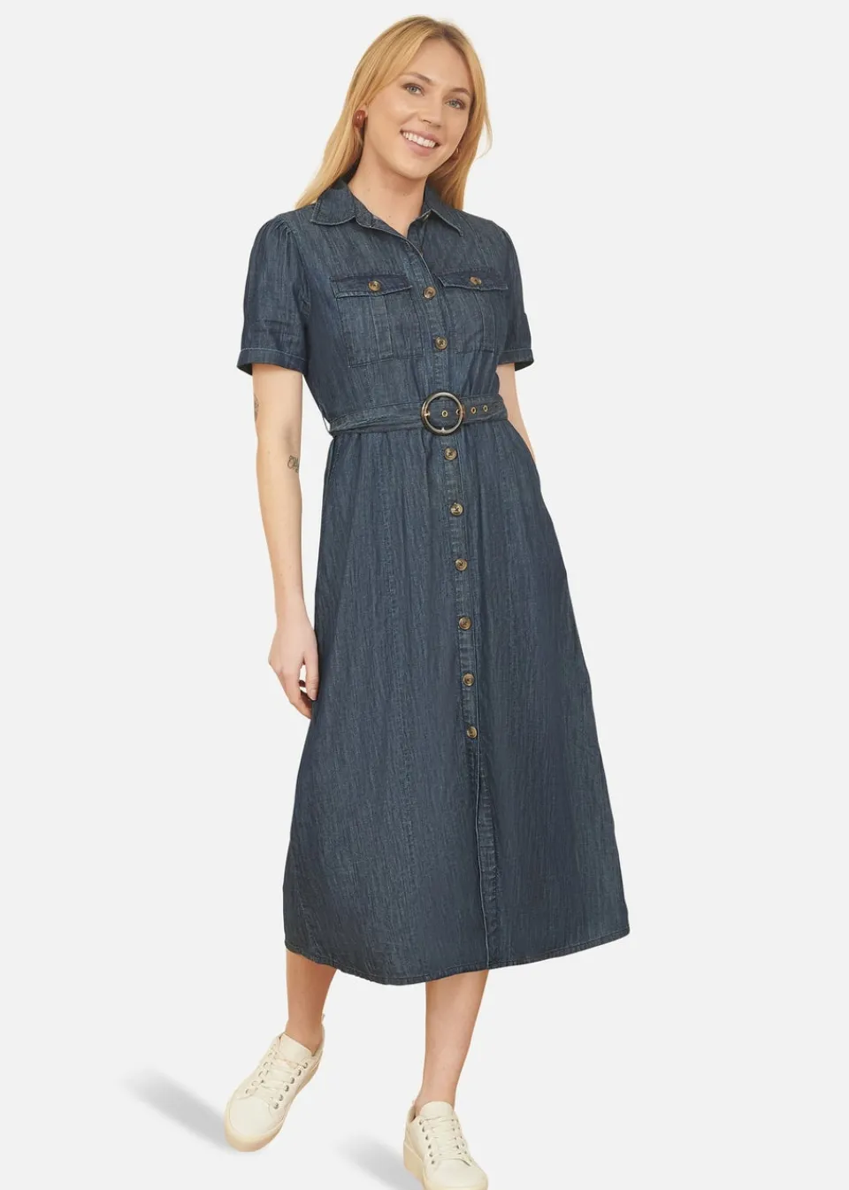 Dresses>Yumi Blue Chambray Utility Midi Denim Shirt Dress