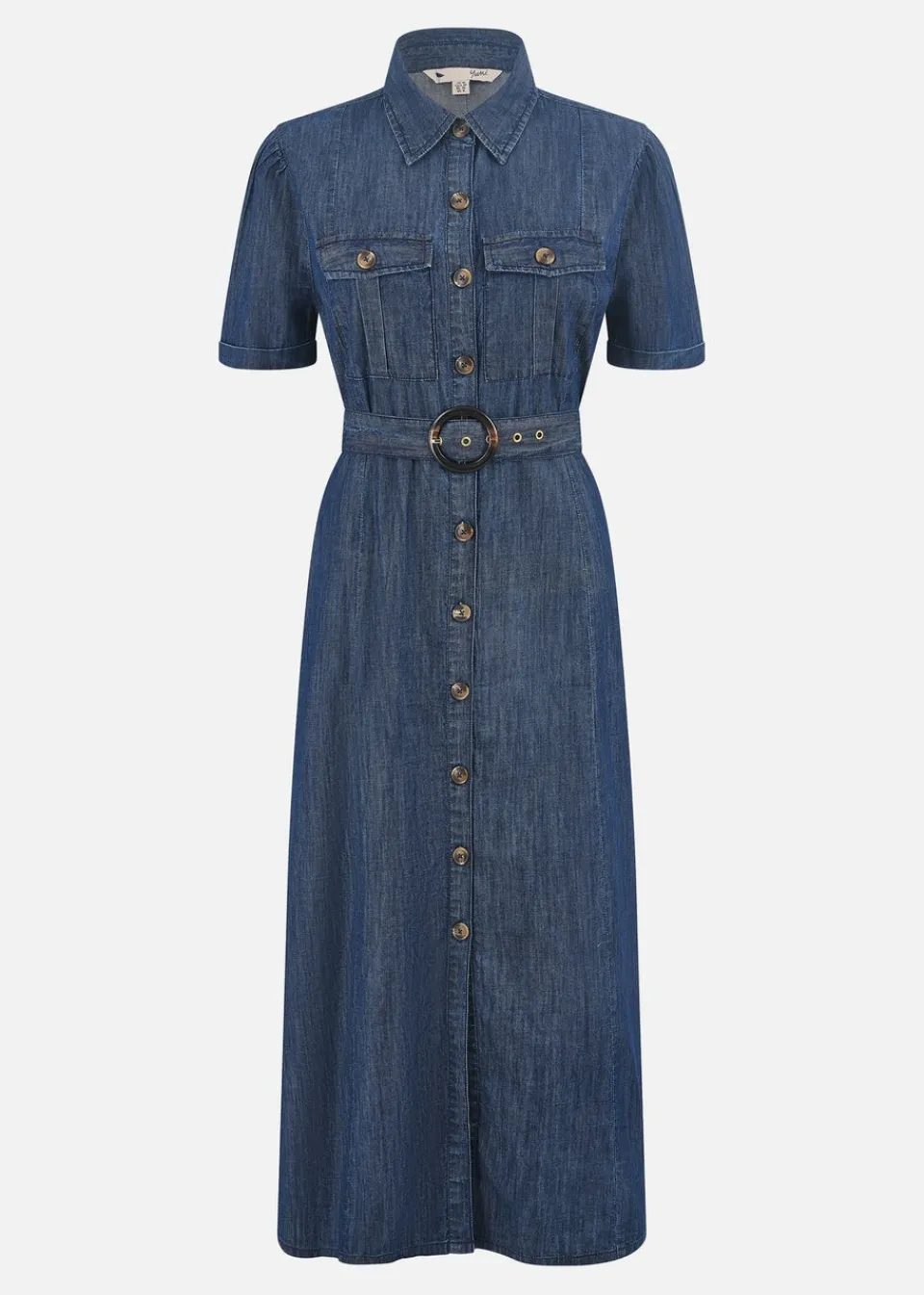 Dresses>Yumi Blue Chambray Utility Midi Denim Shirt Dress
