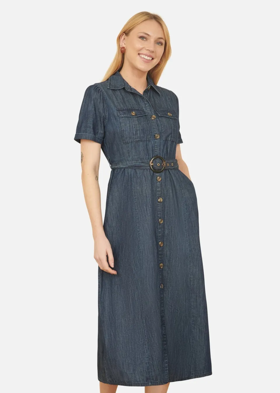 Dresses>Yumi Blue Chambray Utility Midi Denim Shirt Dress