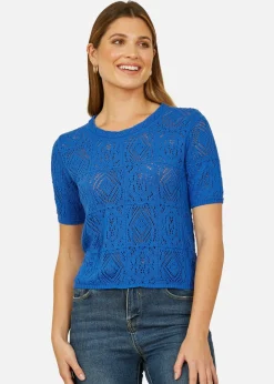 T-Shirts>Yumi Blue Cotton Crochet Knitted Top