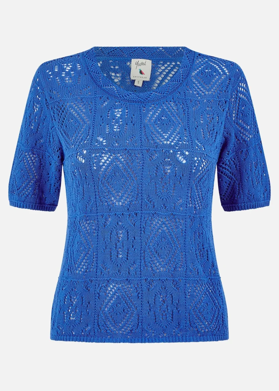 T-Shirts>Yumi Blue Cotton Crochet Knitted Top