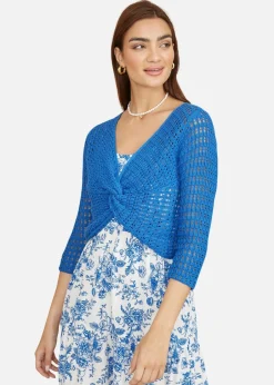 Tops>Yumi Blue Cotton Crochet Knitted Top